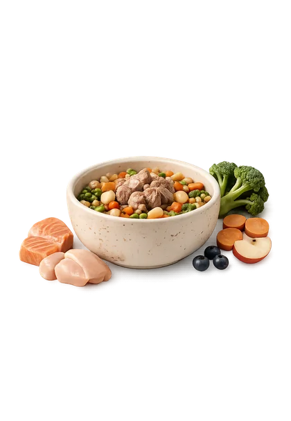Bowl con salmón, pollo, brócoli y arándanos
