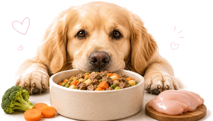 Golden retriever comiendo su comida casera de un bowl