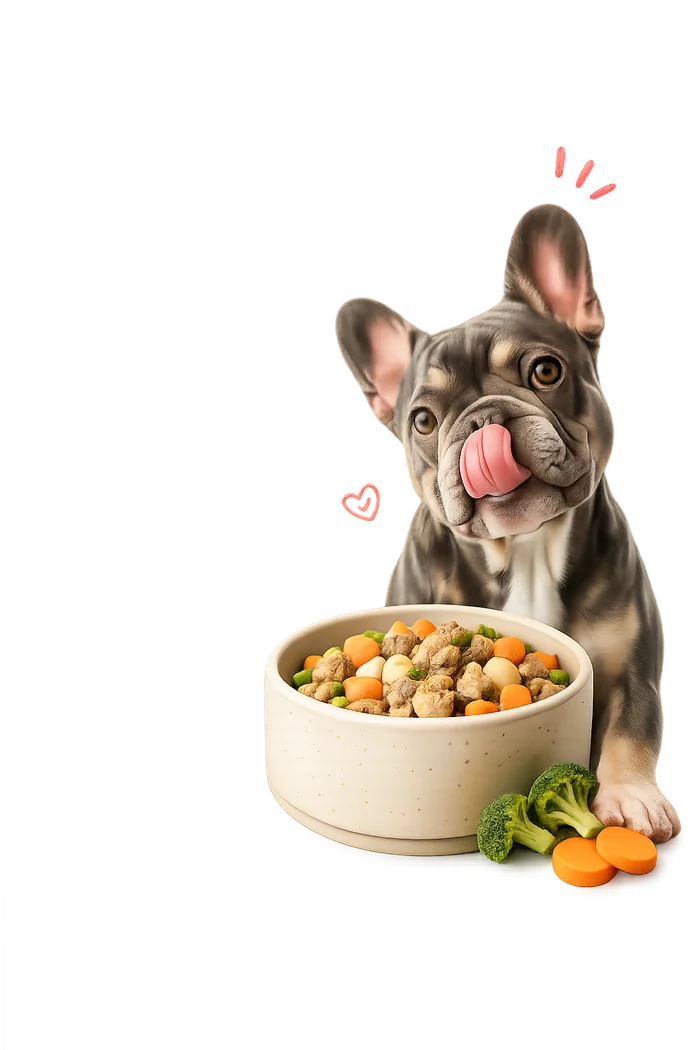 Bulldog francés feliz junto a su bowl de comida casera con verduras